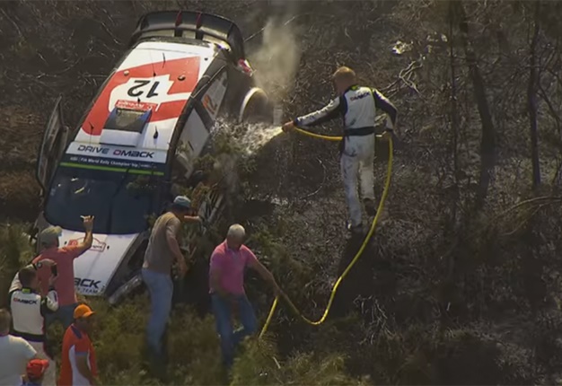 <B>LUCKY TO BE ALIVE:</B> Hyundai driver Hayden Paddon escaped with his life after his rally car caught fire during a nasty crash. <I>Image: YouTube</I>