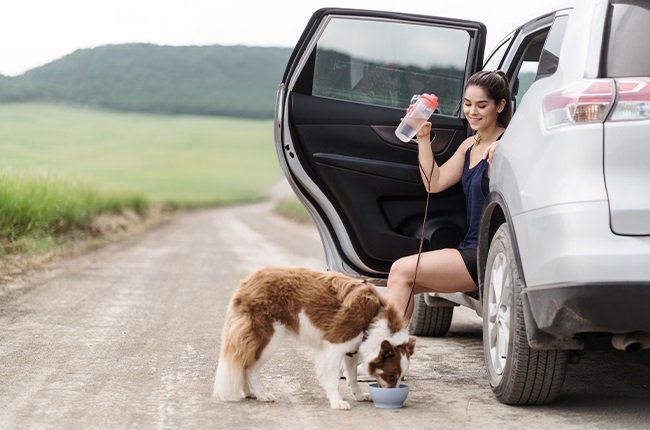 A young woman sitting in her car and a dog drinking water from a bowl