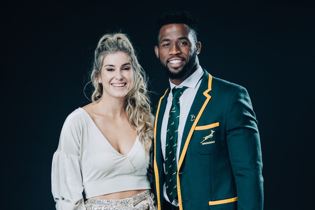 Siya Kolisi and his wife Rachel Smith pose at the Mercedes Benz Building prior to the 2020 Laureus World Sports Awards on February 17, 2020 in Berlin, Germany. (Photo by Simon Hofmann/Getty Images for Laureus)