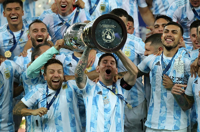 Lionel Messi and Argentina celebrate with the Copa America trophy. (Photo by Alexandre Schneider/Getty Images)