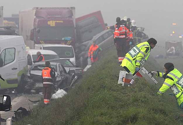 <b>TUESDAY MORNING MAYHEM:</b> More than 130 cars, vans and trucks piled into each other when fog descended on a Belgian motorway on Dec 3 2013.