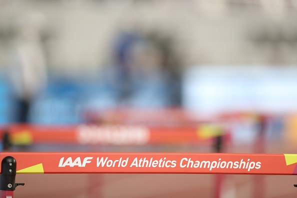 Track & Field: IAAF World Athletics Championships: View of hurdle thats reads IAAF WORLD ATHLETICS CHAMPIONSHIPS logo before Mens 400M Semifinal at Khalifa International Stadium. Equipment.