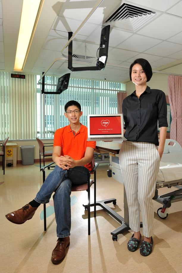 Julian Koo and Kuah Ling Ling, the two Singaporean founders of Jaga-Me, a healthcare platform that aims to give family caregivers access to nursing services for non-emergency medical situations and smoothen the transition from hospital to hospital. Picture: LIM YAOHUI