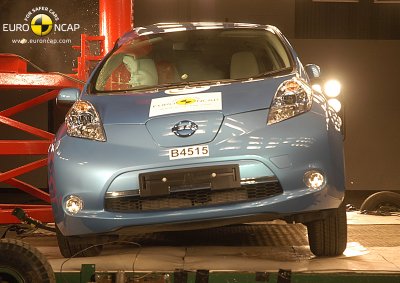 CRUSHING BLOW: Nissan's Leaf survives the pole test in its Euro Ncap assessment.