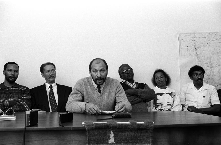STRUGGLE VETERANS Trevor Manuel, then a member of the national executive committee of the United Democratic Front (UDF), addresses a press conference in the Western Cape in 1991. He is flanked by UDF leaders (from left) Whitey Jacobs, the late Hermanus Loots, the late Christmas Tinto, Cheryl Carolus and Johnny Issel  Picture: Gallo images / Oryx media archive 