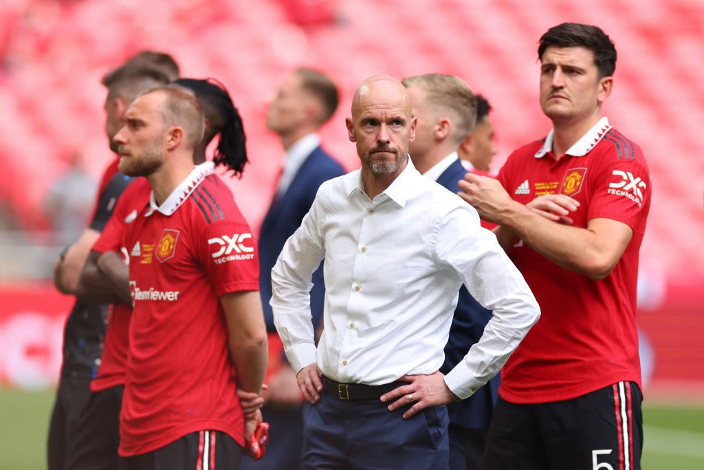 LONDON, ENGLAND - JUNE 3: Erik ten Hag Manager/Head Coach of Manchester United looks dejected with Harry Maguire and Christian Eriksen during the Emirates FA Cup Final match between Manchester City and Manchester United at Wembley Stadium on June 3, 2023 in London, England. (Photo by Marc Atkins/Getty Images)