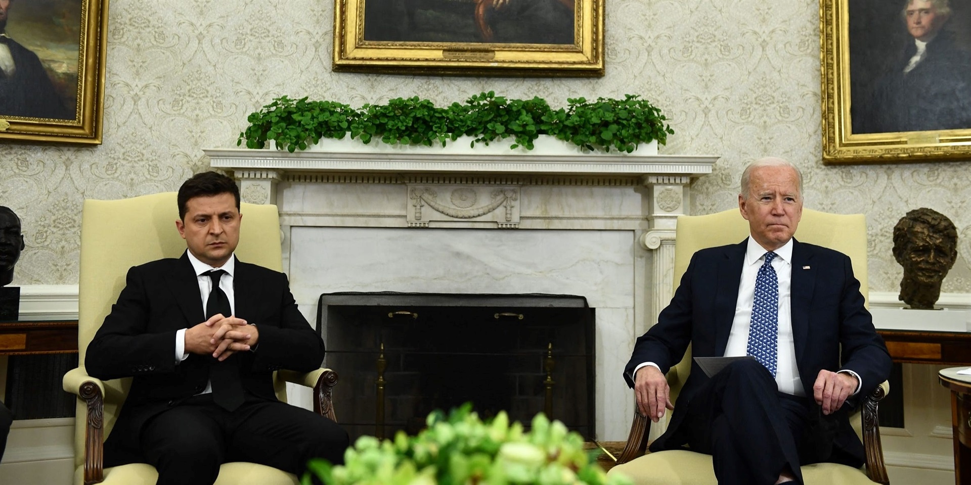 US President Joe Biden meets with Ukraine's President Volodymyr Zelenskyy in the Oval Office of the White House, on September 1, 2021. BRENDAN SMIALOWSKI/AFP via Getty Images