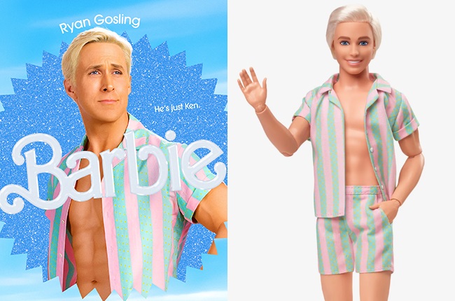 Ryan Gosling as Ken in a pastel striped beach outf