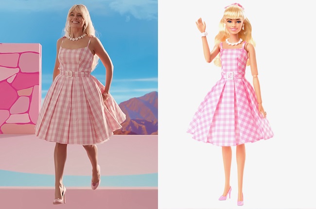 Margot Robbie as Barbie in a pink gingham dress vs