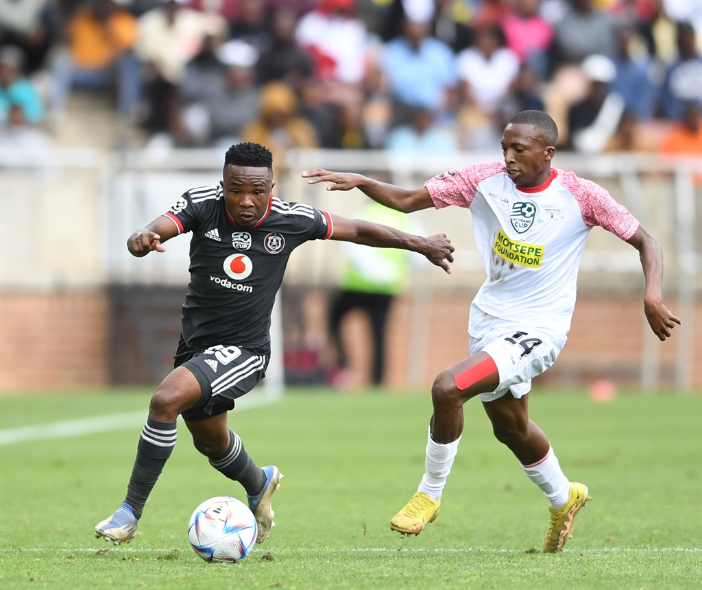 POLOKWANE, SOUTH AFRICA - APRIL 15: Paseka Mako of Orlando Pirates and Kholofelo Monama of Dondol Stars during the Nedbank Cup quarter final match between Dondol Stars and Orlando Pirates at Peter Mokaba Stadium on April 15, 2023 in Polokwane, South Africa. (Photo by Philip Maeta/Gallo Images)