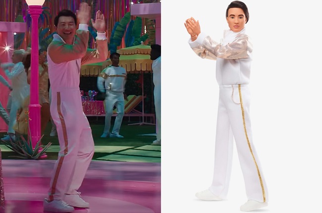 Simu Liu as Ken in a white and gold tracksuit vs. 