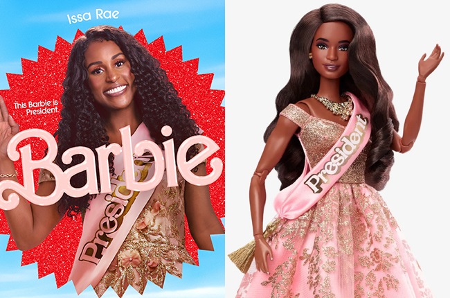 Issa Rae as President Barbie in a ball gown vs. th