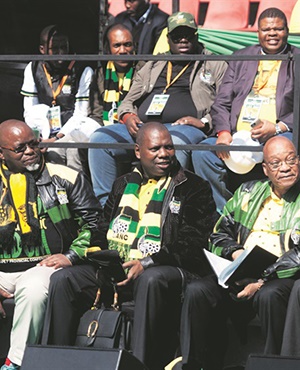 ANC leaders at the Siyanqoba rally at Ellis Park Stadium, Johannesburg, ahead of elections. From left: Gwede Mantashe, Zweli Mkhize, Jacob Zuma. Picture: Thapelo Maphakela