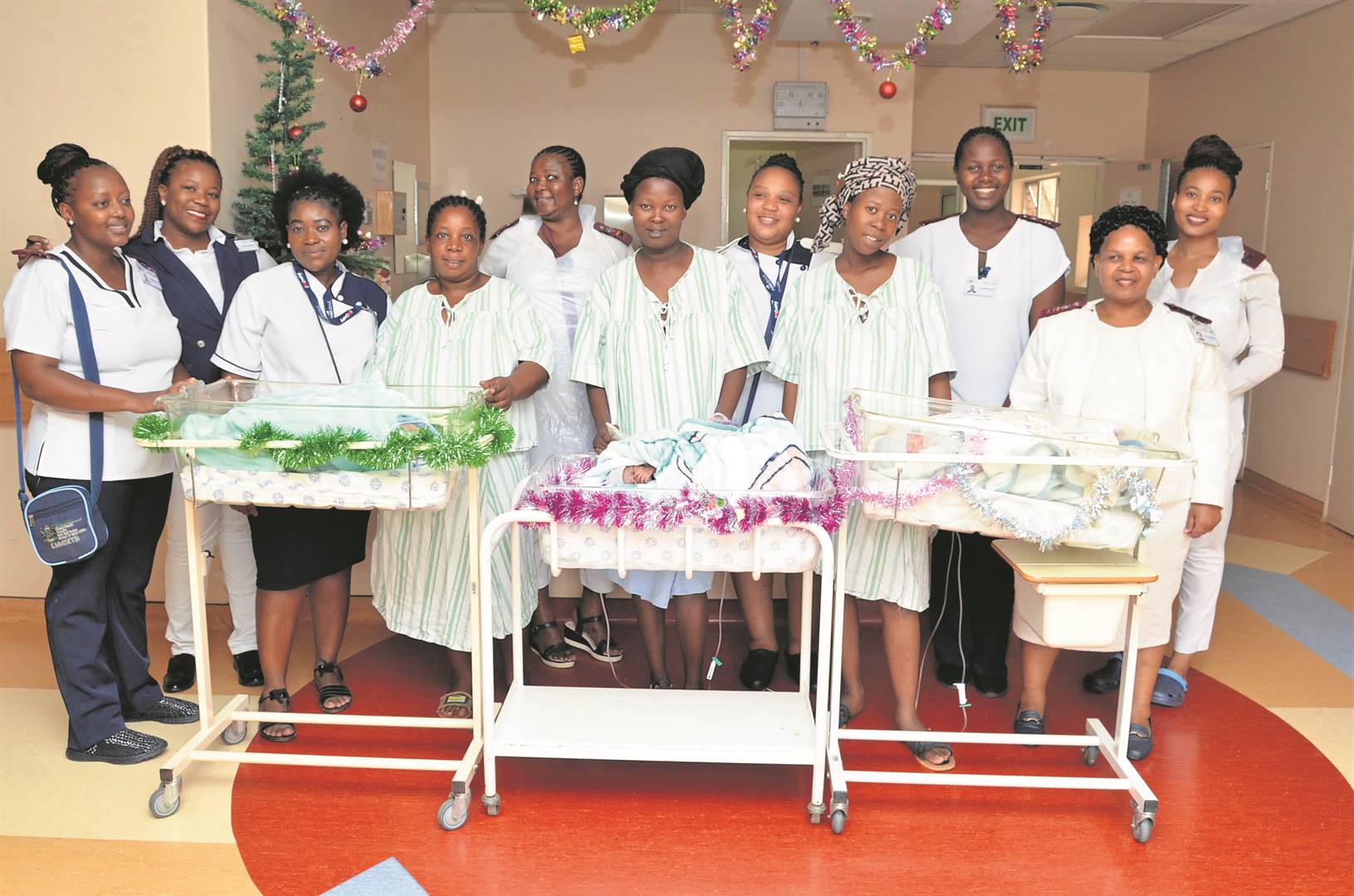 Mums Charity Putseni, Montsho Moloi and Roda Goeieman (front) joined by nurses from Moses Kotane Hospital. Photo by Rapula Mancai