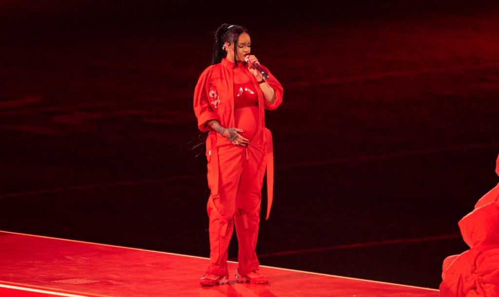 Rihanna performs at the Apple Super Bowl LVII halftime Show.
