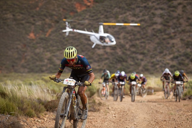 Nino Schurter of Scott-SRAM showing his power on a stage 2 climb, leaving the other leading riders trailing behind. (Photo by Nick Muzik/Cape Epic)