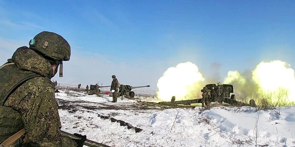 Russian servicemen from the units of the 150th Motor Rifle Division of the Southern Military District take part in exercises on the training grounds in the Rostov Region, Russia, on January 28, 2022.