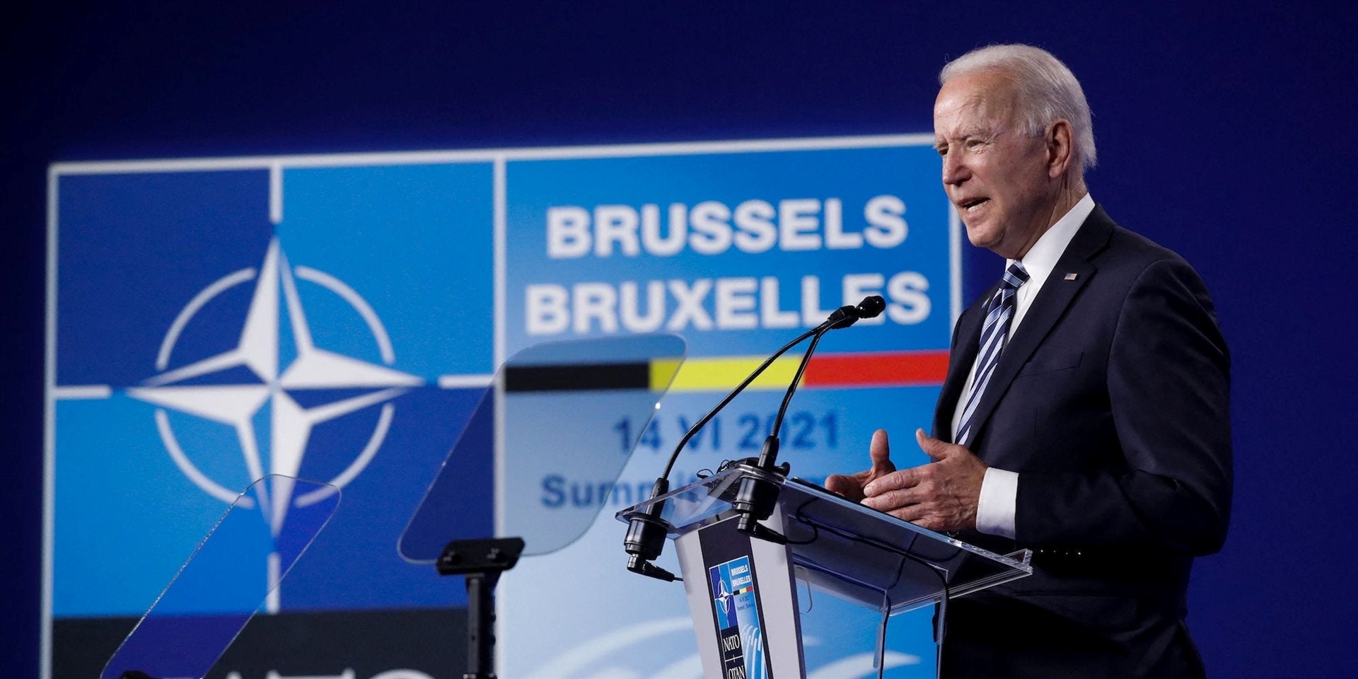 Başkan Joe Biden, 14 Haziran 2021'de Brüksel'deki NATO zirvesinin ardından bir basın toplantısı yapıyor. Olivier Hoslet/Getty Images