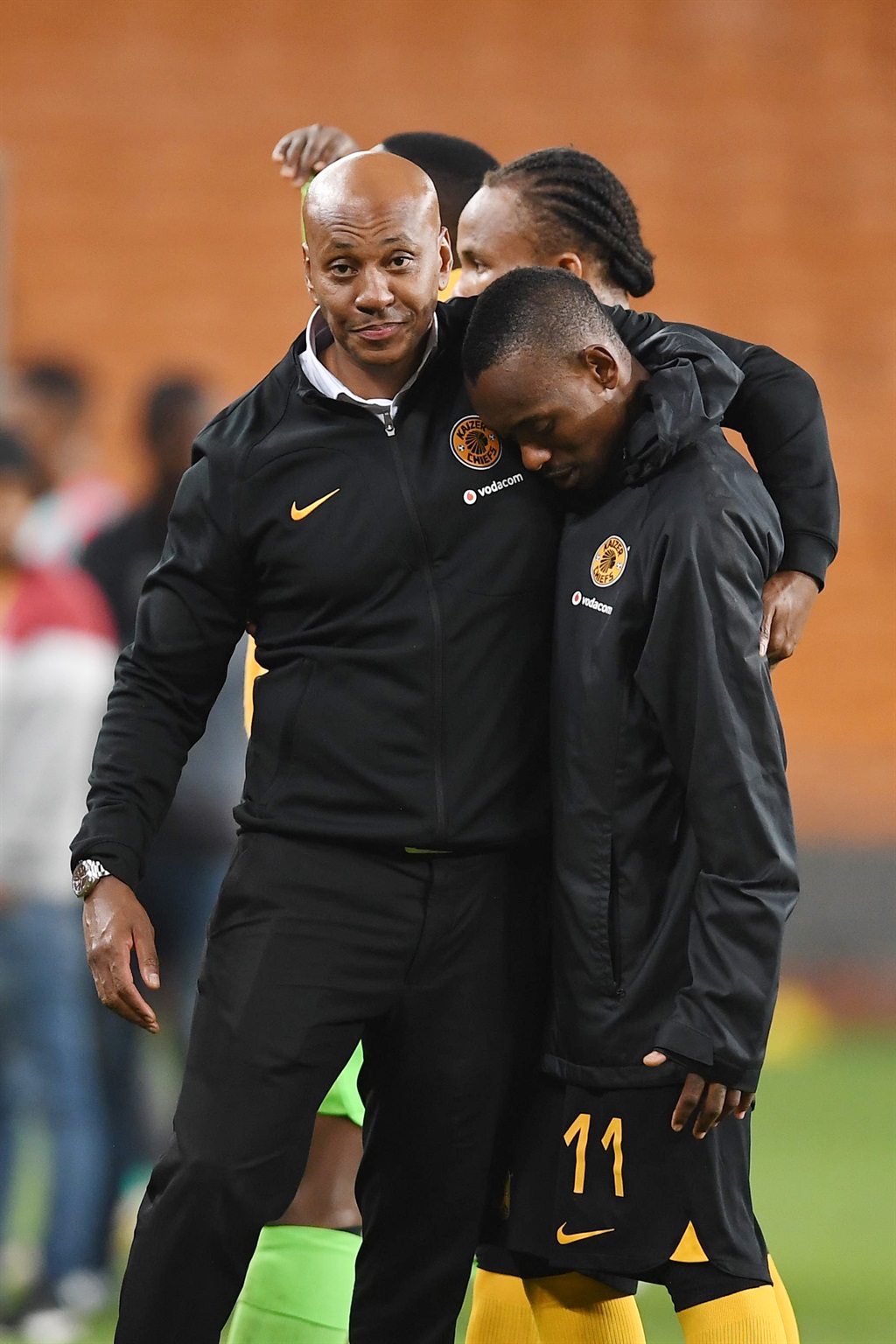 JOHANNESBURG, SOUTH AFRICA - OCTOBER 19: Kaizer Motaung jnr  and Khama Billiat of Kazier Chiefs during the DStv Premiership match between Kazier Chiefs and TS Galaxy at FNB Stadium on October 19, 2022 in Johannesburg, South Africa. (Photo by Lefty Shivambu/Gallo Images)
