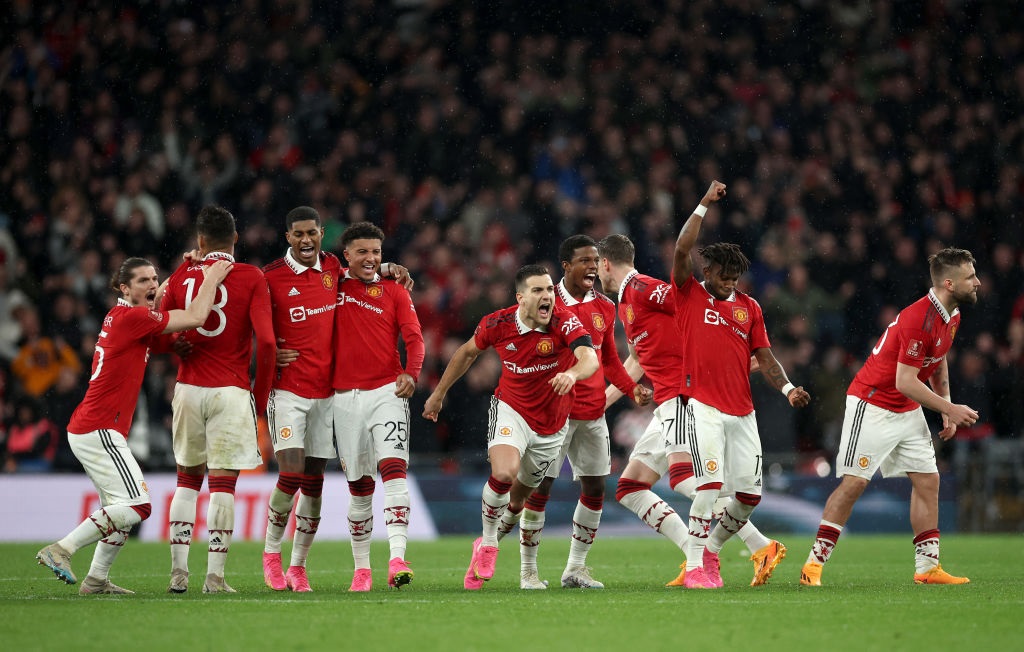 LONDON, ENGLAND - APRIL 23: Manchester United players celebrates after the teams victory in the penalty shoot out during the Emirates FA Cup Semi Final match between Brighton & Hove Albion and Manchester United at Wembley Stadium on April 23, 2023 in London, England. (Photo by Eddie Keogh - The FA/The FA via Getty Images)