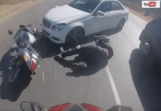 <b>HORROR CRASH IN HARTIES:</b> Three bikers crashed near Hartbeespoort when a Mercedes driver swerved into their lane. <i>Image: YouTube/Demented riders SA</i>