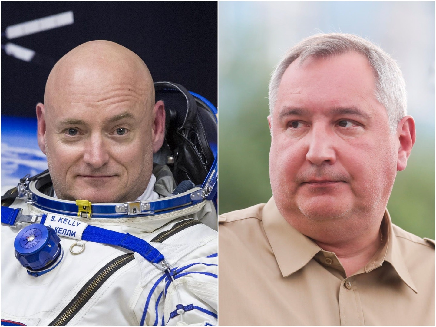 Former NASA astronaut Scott Kelly (left) and Roscosmos Director General Dmitry Rogozin (right) traded insults on Twitter. NASA/Bill Ingalls; Maxim Shemetov/Reuters