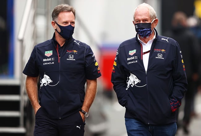 Red Bull Racing Team Principal Christian Horner and Red Bull Racing Team Consultant Dr Helmut Marko talk in the Paddock before final practice ahead of the F1 Grand Prix of The Netherlands at Circuit Zandvoort on September 04, 2021 in Zandvoort, Netherlands.