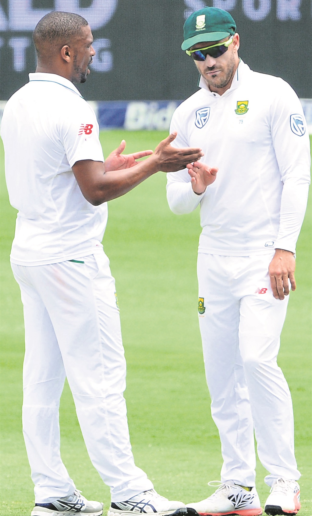 Proteas stars Faf du Plessis and Vernon Philander discussing tactics.  Photo by  Gallo Images 