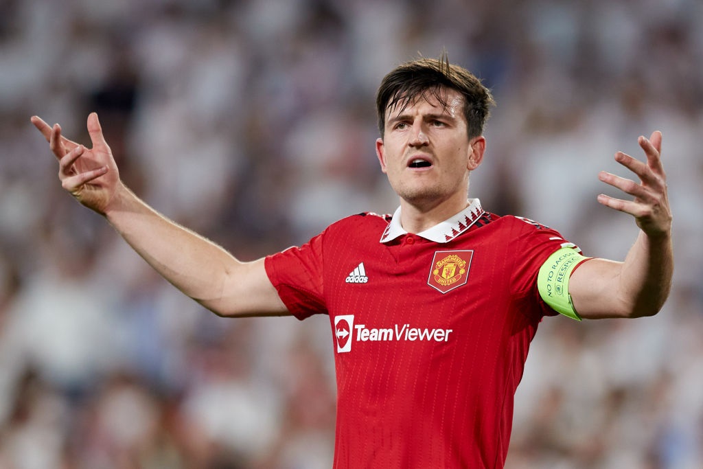 SEVILLE, SPAIN - APRIL 20: Harry Maguire of Manchester United reacts during the UEFA Europa League quarterfinal second leg match between Sevilla FC and Manchester United at Estadio Ramon Sanchez Pizjuan on April 20, 2023 in Seville, Spain. (Photo by Fran Santiago/Getty Images)