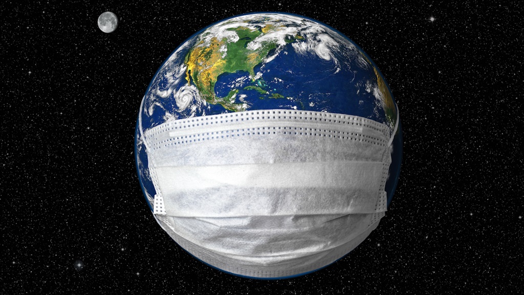 Earth in medical mask on star sky background, conc
