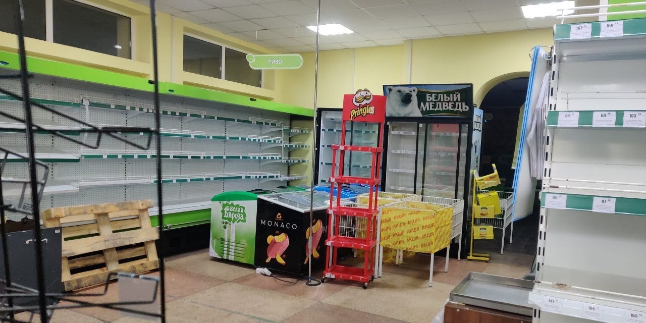 Empty shelves in a grocery store in Kherson.