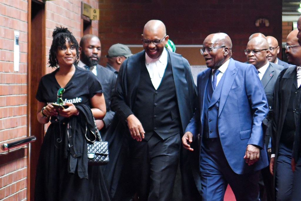 Duduzile Zuma, Adv Dali Mpofu and Jacob Zuma during the private prosecution matter against Adv Billy Downer and News24 Journalist Karyn Maughan at the Pietermaritzburg High Court on Monday.  