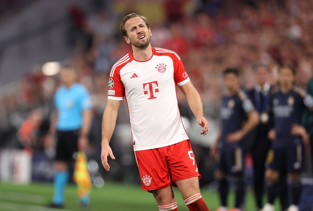 MUNICH, GERMANY - APRIL 30: Harry Kane of Bayern Munich reacts after giving away a foul during the UEFA Champions League semi-final first leg match between FC Bayern MÃ¼nchen and Real Madrid at Allianz Arena on April 30, 2024 in Munich, Germany. (Photo by Alex Pantling/Getty Images) (Photo by Alex Pantling/Getty Images)