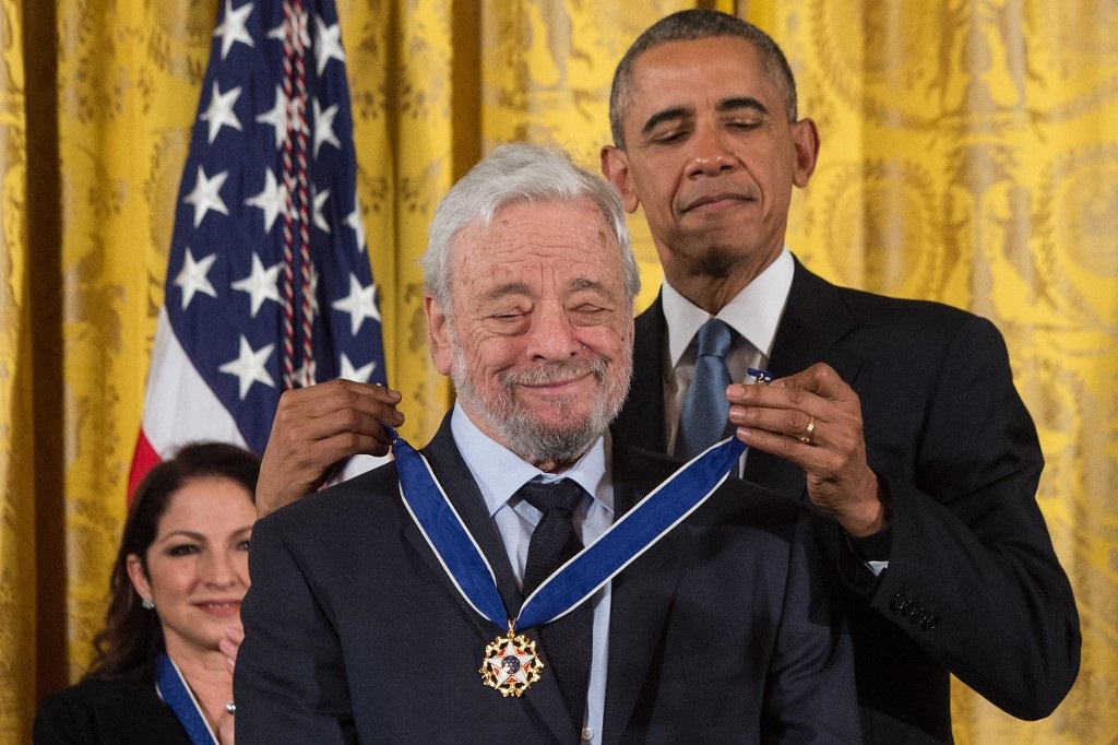 In this file photo taken on November 24, 2015 US President Barack Obama presents the Presidential Medal of Freedom to theater composer and lyricist Stephen Sondheim at the White House in Washington, DC. 