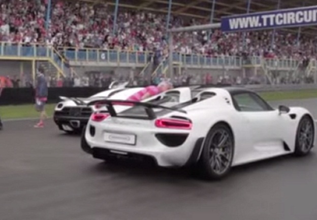 <b>READY TO RACE:</b> A Porsche 918 Spyder lines up on the TT Circuit in Assen Netherlands as part of a hybrid car showdown. <i>Image: YouTube/Autoblog</i> 