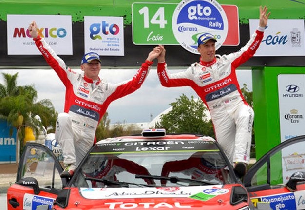 <b>WRC VICTORY:</b> Kris Meeke (right) and co-driver Paul Nagle, on their Citroen C3 WRC, celebrate winning the Mexico Rally in Leon, Mexico. <i>Image: AP / Mario Armas</i>