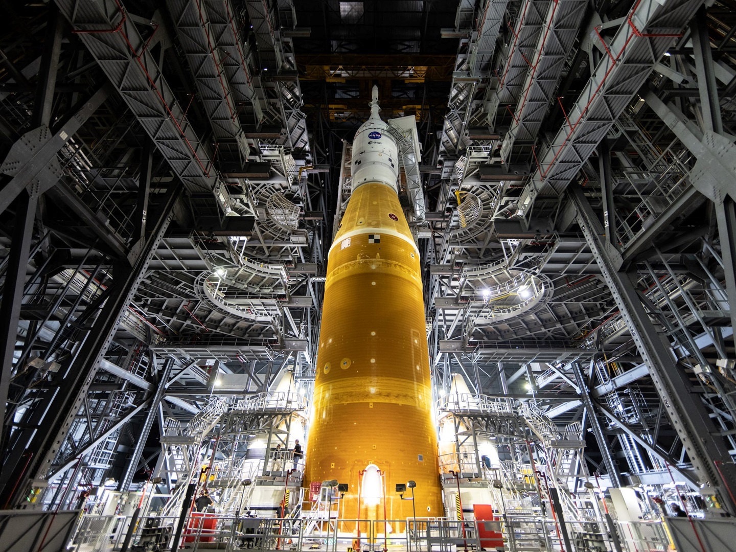 Work platforms are retracted from the Artemis I Space Launch System, inside the Vehicle Assembly Building at NASA's Kennedy Space Center in Florida, on March 11, 2022. NASA/Frank Michaux