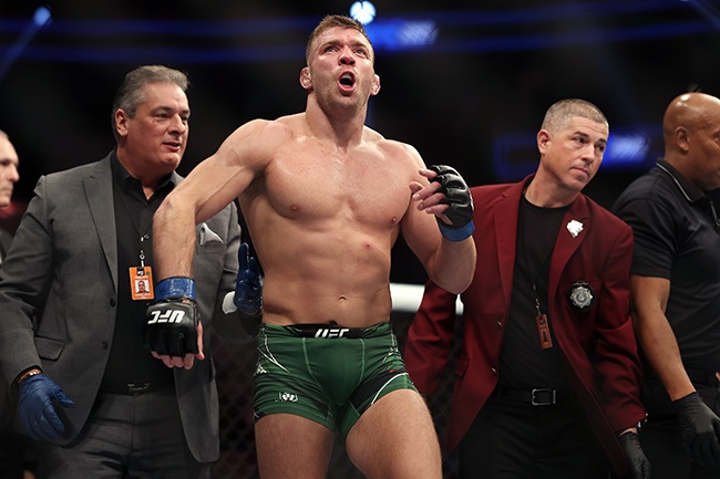 South Africa's Dricus Du Plessis reacts after defeating England's Darren Till in a middleweight fight during the UFC 282 event at T-Mobile Arena in Las Vegas, Nevada. (Photo by Sean M. Haffey/Getty Images)