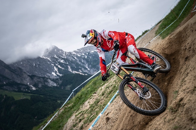 Steep enough? Aaron Gwin performs during the UCI World Cup in Leogang, Austria. (Photo: Stefan Voitl/Red Bull Content Pool)