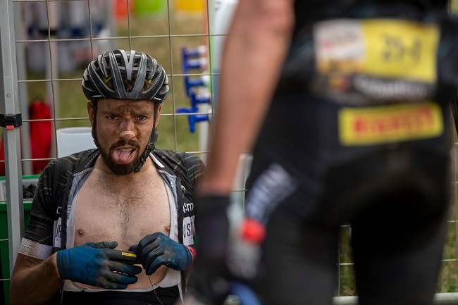 Pierre Billaud of Carabin Billaud after stage 2 of the Cape Epic, from Lourensford to Elandskloof in Greyton. (Photo: Gary Perkin)