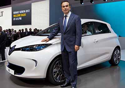 <b>EMISSION-FREE REGIE BABY:</b> Renault's new Zoe, pictured at the 2012 Geneva auto show with company CEO Carlos Ghosn, shows off a number of firsts for the little hatchback.