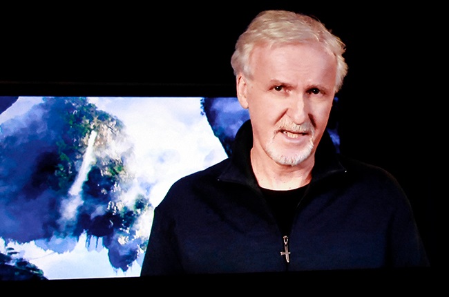 Filmmaker James Cameron speaks via video message during CinemaCon 2022.