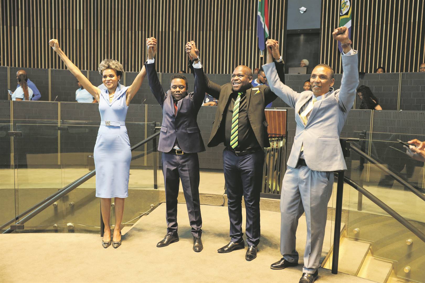 Al Jama-ah's Thapelo Amad (second from left) was elected as Johannesburg's new mayor with the support of the ANC and the EFF. Speaker Colleen Makhubele (Cope), chief whip Sithembiso Zungu (ANC) and chair of chairs Lloyd Phillips (Good) celebrated with him.
