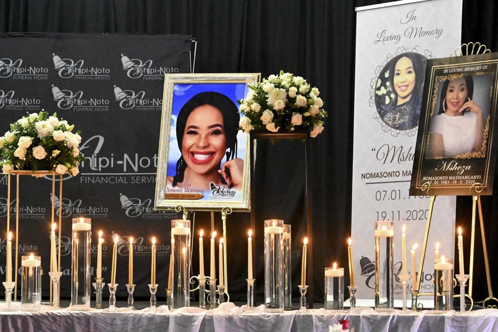 The stage set-up at the memorial service for Nomasonto Maswanganyi, popularly known as Mshoza, in Johannesburg. (Photograph by Gallo Images/ Oupa Bopape)