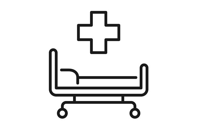Hospital bed. Trendy icon isolated on white and blank background for your design. Includes 6 popular icons: - Coronavirus cell (COVID-19), - Medical or surgical face mask, - Man in medical face protection mask, - Vaccination - Syringe and vaccine vial, - Washing hands with soap and water, - Work from home. Vector Illustration (EPS10, well layered and grouped), easy to edit, manipulate, resize or colorize. And Jpeg file of different sizes.
