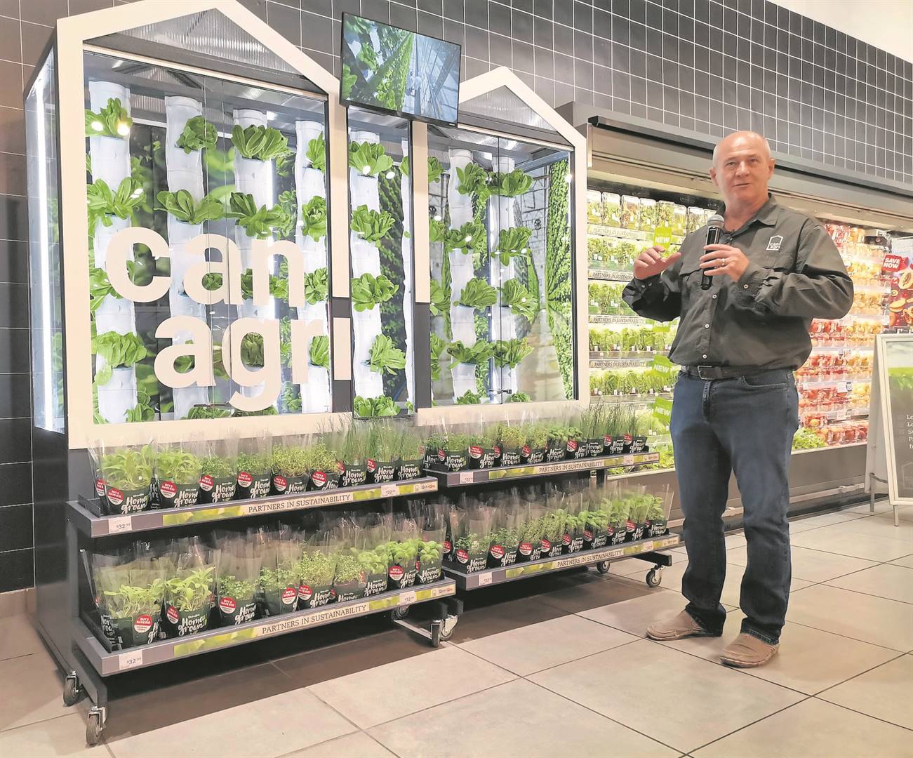Francois van der Merwe, CEO: CAN-Agri, at the ‘vertical farm’ display. PHOTO: Nettalie Viljoen