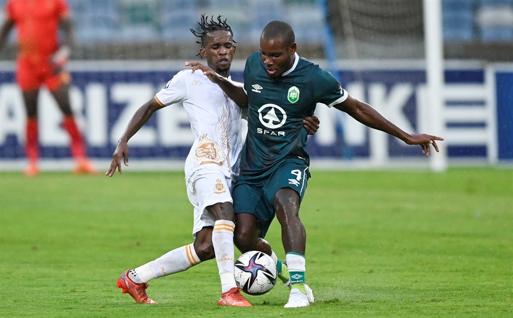Kabelo Mahlasela of Royal AM FC and Tercious Malepe of AmaZulu FC compete for the ball during the DStv Premiership 2021/22 match between AmaZulu and Royal AM held at Moses Mabhida Stadium in Durban on 04 December 2021 Â©Gerhard Duraan/BackpagePix