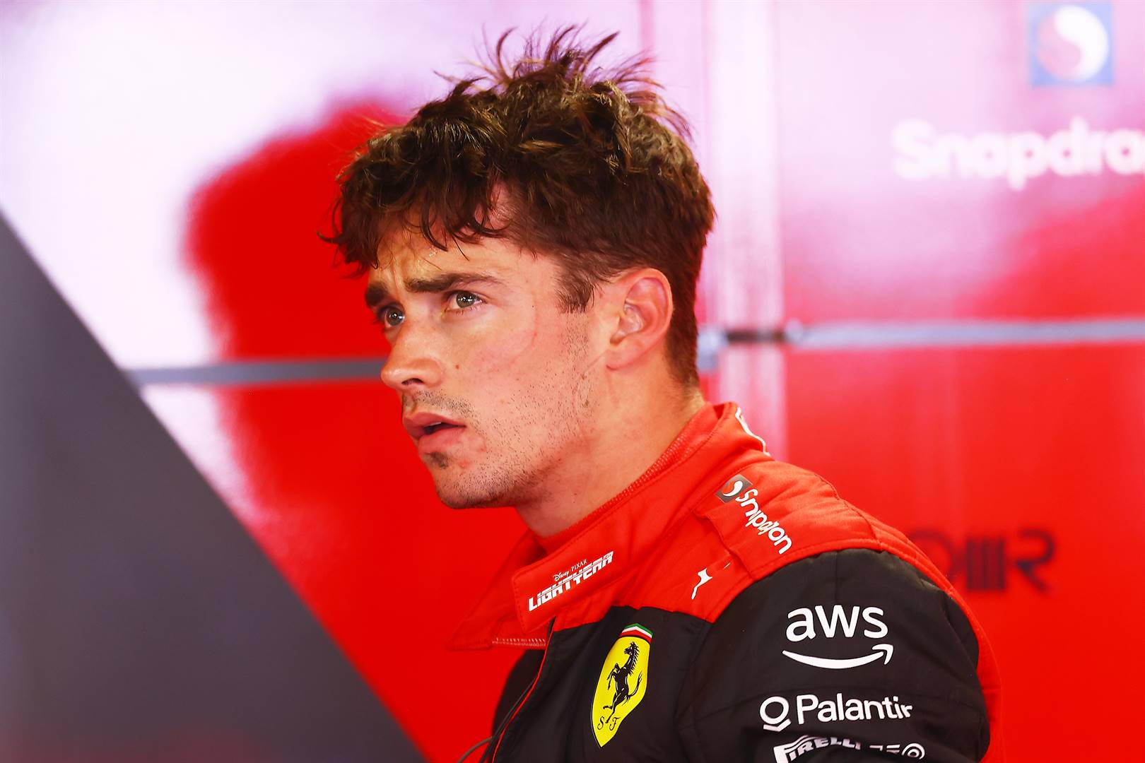 Charles Leclerc of Monaco and Ferrari looks on in the garage during final practice ahead of the F1 Grand Prix in Monte-Carlo, Monaco today. Photo: Eric Alonso / Getty Images