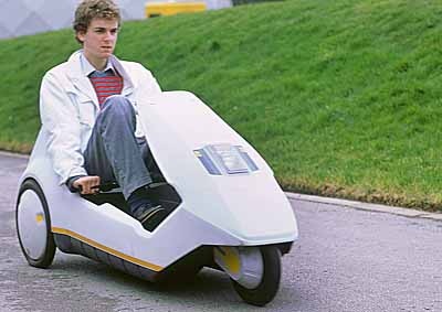 <b>TOO SLOW, TOO WET, TOO SOON:</b> The Sinclair C5 battery/pedal trike was supposed to give cheap mobility to the masses 30 years ago. Would you have gone to work on/in one? <i>Image: Newspress</i>