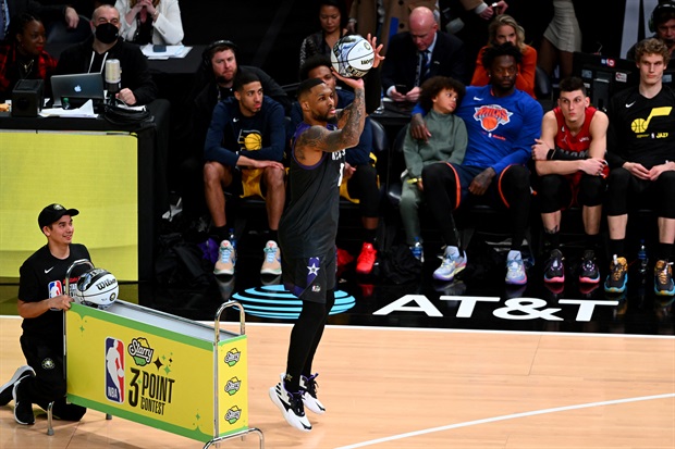 <p>Three-point champion <strong>Damian Lillard </strong>of the Portland Trail Blazers shoots the ball in the 2023 NBA All Star 3-Point Contest at Vivint Arena.</p><p>(<em>Alex Goodlett/Getty Images/AFPAlex Goodlett / GETTY IMAGES NORTH AMERICA / Getty Images via AFP)</em></p>